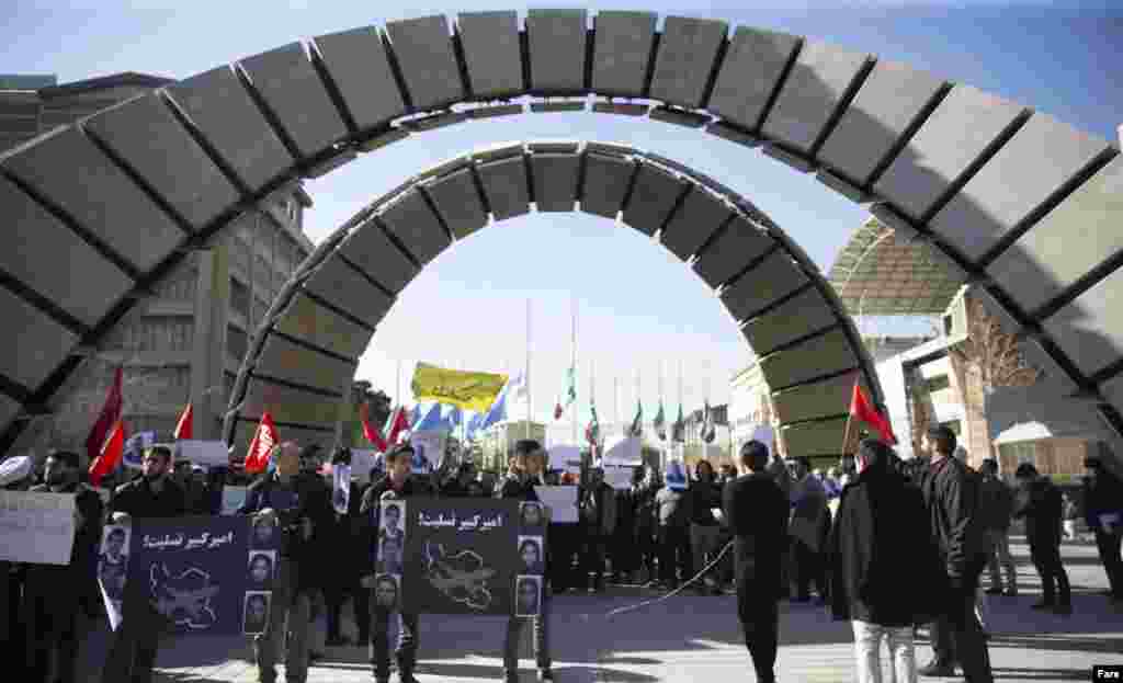 Iranian students at Amir Kabir University on January 12 carried banners expressing condolences for the victims of Ukraine International Airlines Flight PS752. Iran&#39;s military said the passenger jet was shot down &quot;unintentionally&quot; by its air-defense forces, which were on high alert following an Iranian ballistic-missile attack a few hours earlier against U.S. forces in Iraq.