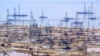 Oil derricks on the shore of the Caspian Sea just outside the Azerbaijani capital, Baku.