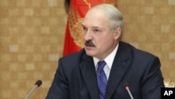 Belarusian President Alyaksandr Lukashenka speaking at a televised press conference in Minsk on June 17.