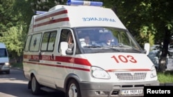 An ambulance transporting Yulia Tymoshenko arrives at the hospital in Kharkiv on May 9.