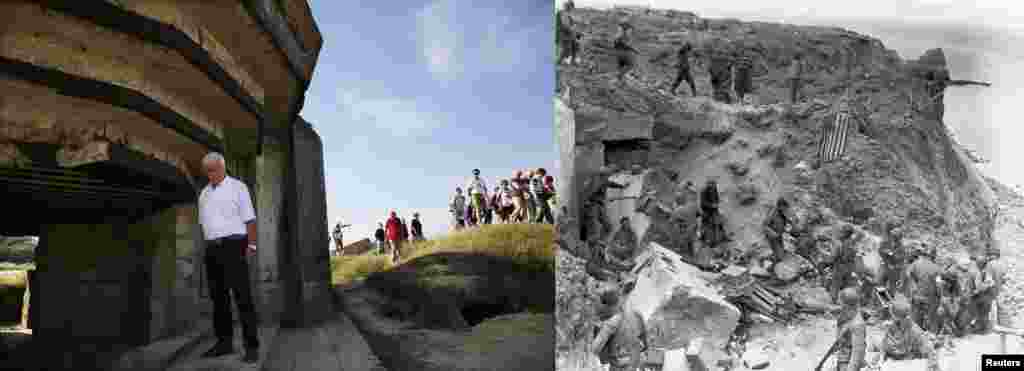 On the right, U.S. Army Rangers surround a destroyed bunker two days after they captured the strategic site overlooking the D-Day beaches at Pointe du Hoc.