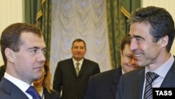 Russian President Dmitry Medvedev (left) meets with NATO Secretary-General Anders Fogh Rasmussen in Moscow in December.