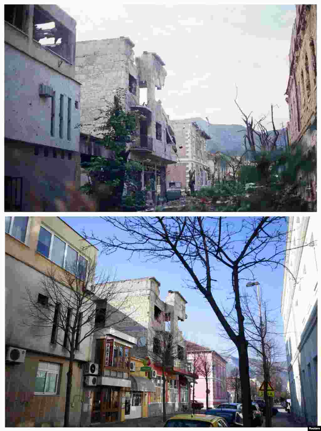 Santiceva Street in Mostar in 1993 and in 2013, with some buidlings still partly in ruins