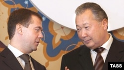 Presidents Bakiev (right) and Medvedev are expected to discuss U.S. use of the Manas air base.