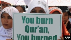 A group of Indonesian demonstrators rally outside the U.S. Embassy in Jakarta on September 4.