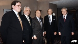 (Left to right) Assistant U.S. Secretary of State Richard Holbrooke, Croatian President Franjo Tudjman, Bosnian President Alija Izetbegovic, U.S. Secretary of State Warren Christopher, and Serbian President Slobodan Milosevic on October 31, 1995, before Balkan peace talks near Dayton, Ohio.