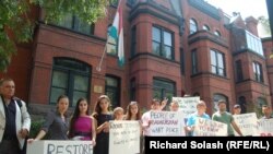 Tajik-Americans hold a rally outside Dushanbe's embassy in Washington D.C. on July 26 to protest against the violence in Gorno-Badakhshan Province.