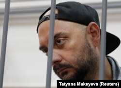 Russian theater director Kirill Serebrennikov, detained on suspicion of embezzling $1.1 million in government funds, is shown in a Moscow courtroom on August 23.