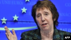 The EU's foreign policy chief, Catherine Ashton, talks to reporters in Brussels on January 23.