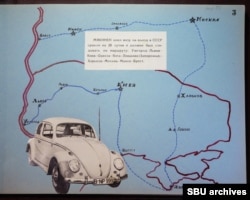 A montage showing Makinen’s Volkswagen Beetle and his planned route.