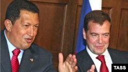 Venezuelan President Hugo Chavez (left) and Russian President Dmitry Medvedev in Moscow in July