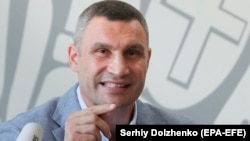 Kyiv Mayor Vitaliy Klitschko speaks to the press on July 26. 