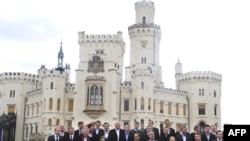 EU foreign ministers pose for the "family photo" at the Hluboka nad Vltavou castle in southern Bohemia on March 27.