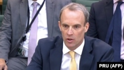 British Foreign Secretary Dominic Raab answers questions on government policy on Afghanistan during a meeting of the Foreign Affairs Committee in London on September 1.