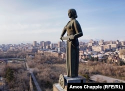 The Mother Armenia monument in March 2021. Harutyunyan said he wanted Mother Armenia to represent "strength, heroism, and victory." The sword of war is not raised in threat, but held at the ready in case it is needed.