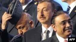 Azerbaijani President Ilham Aliyev (center) with world leaders at a summit of NATO leaders in Chicago, in May 2012. 