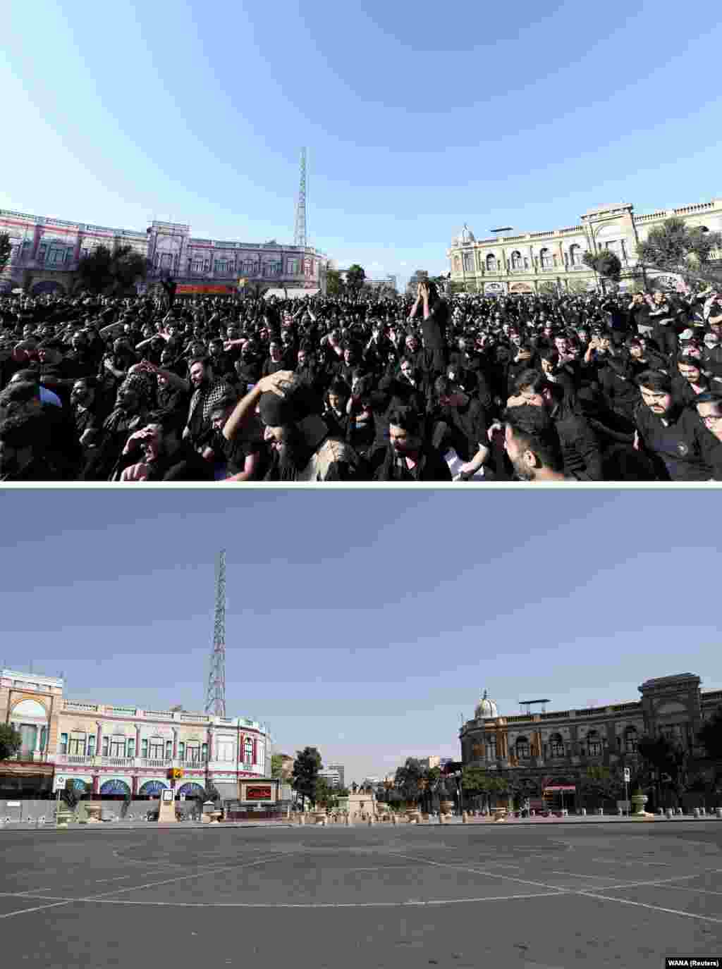 In some places, the pandemic limited public gatherings for Ashura commemorations. The top photo shows a square in Tehran on&nbsp;September 10, 2019. The same location (below) was virtually deserted for Ashura this year, which fell on August 30.