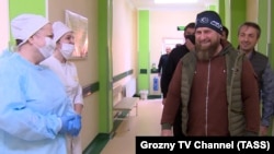 Chechen leader Ramzan Kadyrov visits a hospital for suspected coronavirus patients in Grozny on April 20. He has threatened critics in the media.