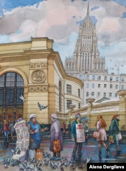 A busy day outside the Smolenskaya subway station. The Russian Foreign Ministry building rises in the background.