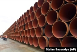 Steel pipes for the North Stream 2 pipeline are stacked in Mukran harbor in Sassnitz, Germany.