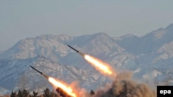 An undated photo made available by North Korea in January 2009 shows the launch of missiles