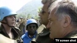 General Ratko Mladic (right) confers with Dutch peacekeepers in Srebrenica in July 1995.