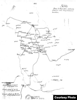 This 1941 map, titled "Annex to the plan for removal of Judaic elements from the territory of Bessarabia," shows villages with Jewish populations that were to be targeted by armed civilian teams. (Photo: U.S. Holocaust Memorial Museum, from the archives of the general staff of the Romanian army)