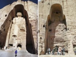 A combination photo of a 55-meter-high Buddha statue in Bamiyan. The image on the right was taken after the monument was destroyed by the Taliban in 2001.