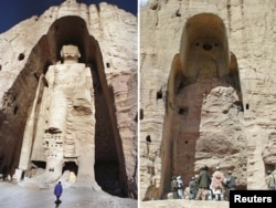 Before and after photos of the Taliban’s destruction of the Bamiyan Buddhas.