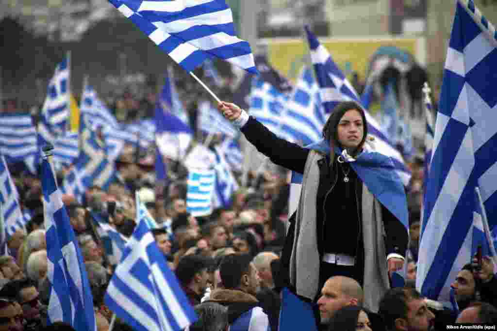 Protesters at the January 21 rally in Thessaloniki. Many hard-liners in Greece insist that whatever name is agreed for the former Yugoslav republic, the title must not include the term &quot;Macedonia.&quot; Others, including Greek Prime Minister Alex Tsipras, have indicated they would accept &quot;Macedonia&quot; to be included in a compound name.