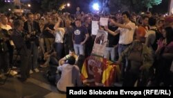 Students gather to protest against police brutality in Skopje on May 8. Leaked wiretaps suggesting rampant abuse of office have led some to suspect the Kumanovo incident was "too suspicious."