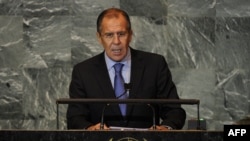 Russian Foreign Minister Sergei Lavrov addresses the 66th General Assembly at the United Nations in New York on September 27.