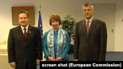 Serbian Prime Minister Ivica Dacic, EU Foreign Policy Representative Catherine Ashton, and Kosovo Prime Minister Hashim Thaci (left to right) in Brussels after their overnight meeting.