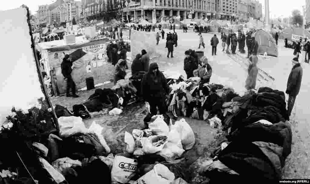 Piles of extra clothing are available to help protesters keep warm.