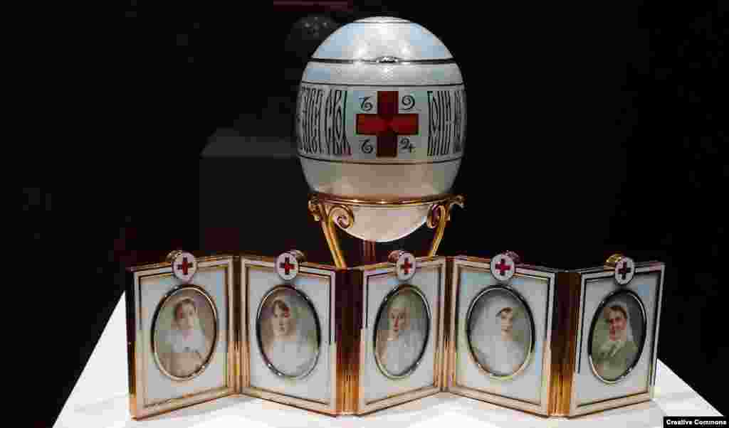 The war was a disaster for Russia, which pitted itself against a highly-industrialized Germany. After the royal palaces were converted into hospitals to tend to the wounded, the tsar&rsquo;s daughters served as nurses. The austere Red Cross Egg of 1915 features the portraits of the tsar&rsquo;s four daughters and a cousin, dressed in their Red Cross uniforms. &nbsp;