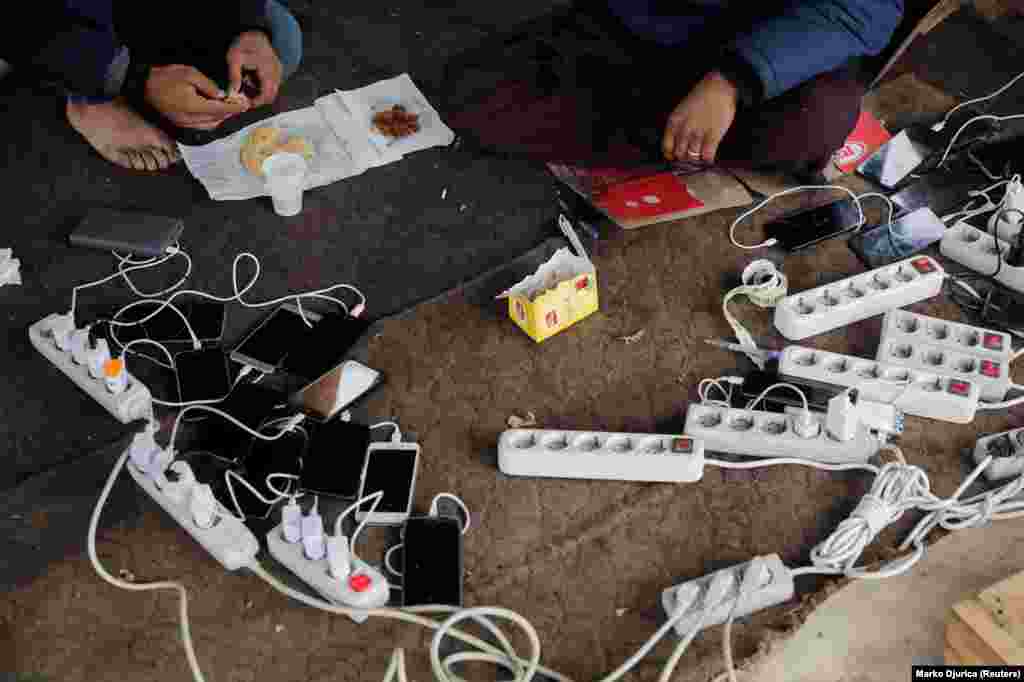 A phone charging station in the Vucjak camp. According to Bosnian officials, at least 6,000 migrants are currently stranded in the Bihac region.