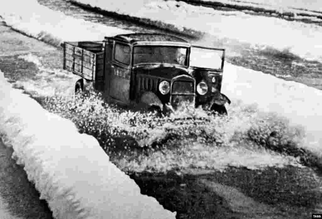 A truck travels over frozen Lake Ladoga on a route known as &quot;the Road of Life.&quot; During the winter months of the siege, the frozen lake allowed food, ammunition, and fuel to move into the city, and allowed children, the elderly, and the wounded to be evacuated. 