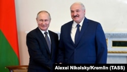 Russian President Vladimir Putin (left) and Belarusian President Alyaksandr Lukashenka shake hands during a meeting in St. Petersburg on July 13. 