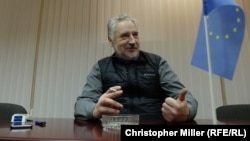 Pavlo Zhebrivskyy, Donetsk regional governor, inside his office in Kramatorsk. He says "98 percent of smuggling" around Novoluhanske ceased after the 46th battalion's arrival.