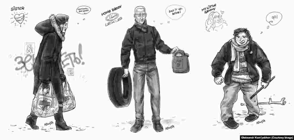 After the government equated protesters with terrorists, the pair set out to create their own &quot;terrorist&quot; portraits. Here, a woman carries medical supplies to Independence Square; a prosperous Lexus owner contributes tires and gasoline to the barricades; and a handicapped man with no helmet or protection spends a night standing with the protesters amid violent clashes with police.