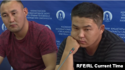 Qaster Musakhanuly (left) and Murager Alimuly appear at a press conferences in Almaty in October.