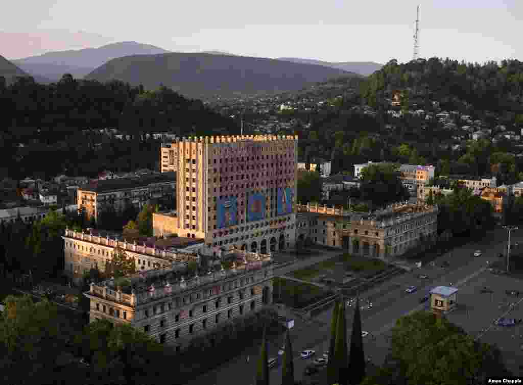 The former parliament building in the centre of Sukhumi still shows the damage from the war of the early 1990s.