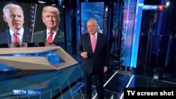 Russian state media boss Dmitry Kiselyov covers the U.S. election on his nationwide news show on November 8.