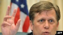 Michael McFaul speaks during a visit to Bishkek in May 2010.