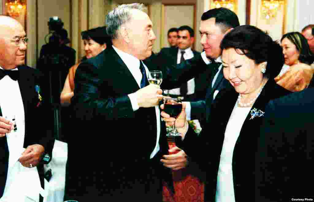 Aliev&#39;s father, Mukhtar (left), President Nursultan Nazarbaev, Rakhat Aliev, and Sara Nazarbaeva in a photo predating the criminal charges. While Aliev remained in Austria, Kazakh authorities unsuccessfully requested his extradition. Kazakh officials later added new charges of plotting o overthrow the government and organizing the murder of an opposition leader in 2006.