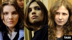 A combo photo shows three members of Pussy Riot -- Ekaterina Samusevich (left), Nadezhda Tolokonnikova (center), and Maria Alyokhina -- in a Moscow court on April 19.