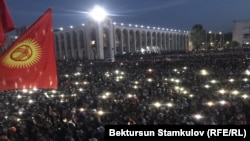 Supporters of opposition parties rally against the election results in Bishkek on October 5.