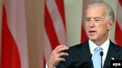 U.S. Vice President Joe Biden talks to the press in Warsaw.