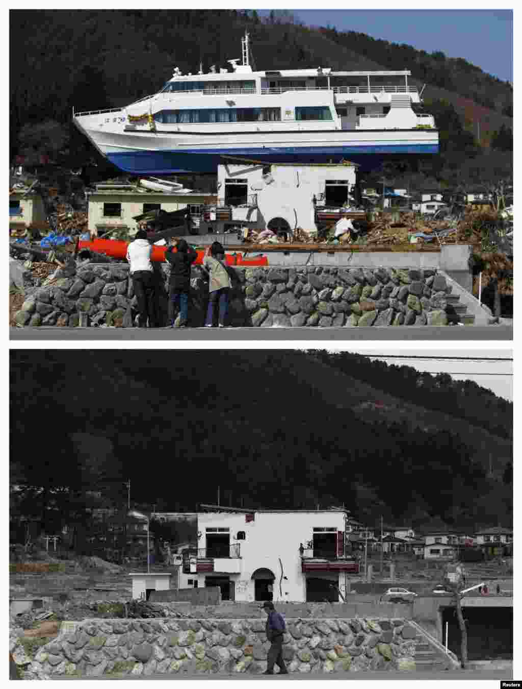 On top, people take pictures of a ship left on a building in Otsuchi, Iwate Prefecture, on April 17, 2011, and below on February 18, 2012 