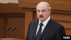 Belarusian President Alyaksandr Lukashenka delivers his annual message to the Belarusian people and National Assembly in Minsk on April 22.